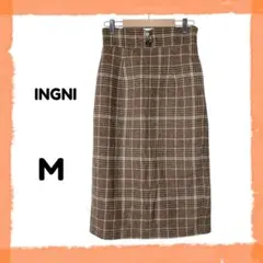 イング タイトスカート ひざ下丈 M チェック ブラウン ウール混 ウエストゴム