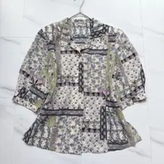 ヴィンテージ 総柄ブラウス ボタニカル柄 花柄 シェルボタン レトロ 日本製