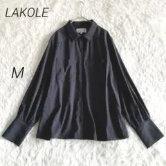 ラコレ【M】とろみ ブラウス 長袖 シャツ ネイビー 紺 無地 上品 きれいめ