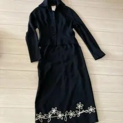 シビラコード刺繍黒ロングスカートスーツセットアップ40サイズ
