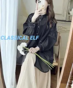 大人のフェミニン。シアーバンドカラービッグシャツ　ブラック長袖⭐︎