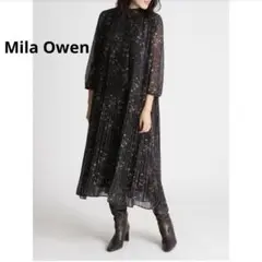 Mila Owen　スタンドカラー　ワンピース　後ろボウタイ　花柄　ブラック　Ｓ