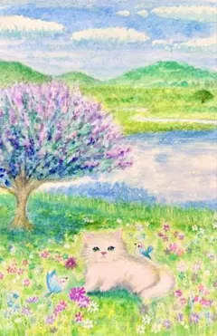 knp13原画 水彩画 猫と小鳥と夏のベランダ 値段は※900円です knp13様専用原画 水彩画 猫と小鳥と夏のベランダ 値段は※900円です