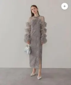 フリルチュールスリーブリボンIラインワンピースドレス同窓会 靴 カバンセット