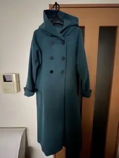 フード付きダブルブレストロングコート 青緑