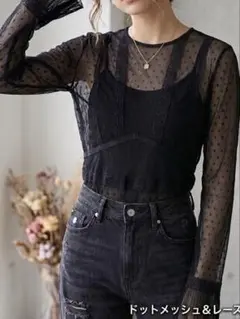 FOREVER 21 ドットメッシュ レース ブラウス 長袖 ブラックのサムネイル