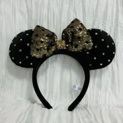 ディズニー ブラック×ゴールド スパンコールリボン カチューシャ ミニー