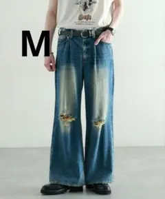 【新品】RAGEBLUE　ヴィンテージライク/ダメージ加工バギーフレアパンツ