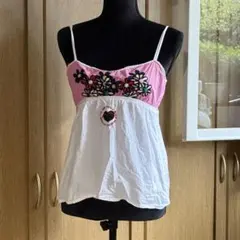 Odd Molly 刺繍キャミ ピンク×ホワイト 花柄 スウェーデン Y2K