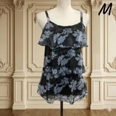 シアー キャミソール 花柄 ティアード チュニック メッシュ レイヤード M 黒