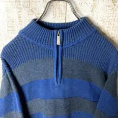 ハーフジップ ボーダー コットン ニット セーター ブルー グレー アメリカ古着