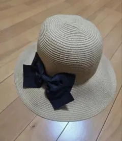 ベージュ 麦わら帽子リボン