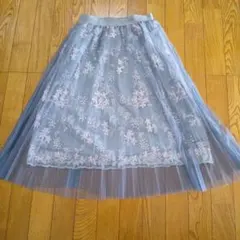 水色 花柄刺繍 チュールスカート　フレア　結婚式　パーティー