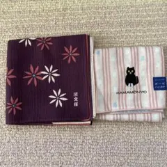 2枚セット　濱文様　リバーシブルガーゼハンカチ　黒猫　大判ハンカチ　花柄　未使用