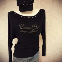 平成ギャル　00s ストーン装飾付き黒長袖トップス　Y2K お兄系