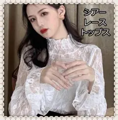 シアレース　レース　トップス　重ね着　上品　フリル　長袖　インナー ホワイト
