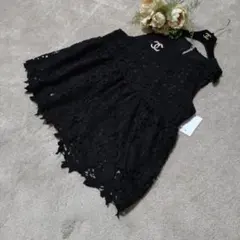 アトリエまりこ♡薔薇モチーフ＆レース♪フレンチスリーブ・ニットトップス♪黒☆美品 アトリエまりこ♡薔薇モチーフ＆レース♪フレンチスリーブ・ニット