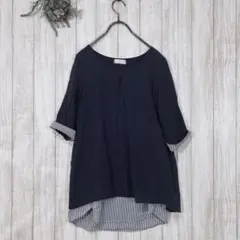 ☆オンアース/ONEARTH (M) 半袖 チュニック ストライプ裾 ネイビー