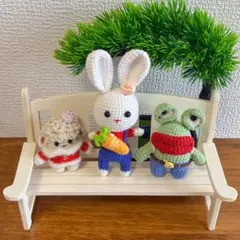 手編みのウサギ・カエル・クマのあみぐるみセット