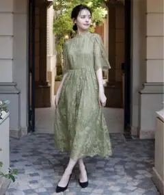 【GIRL】ハイネック5分袖総レースミモレ丈結婚式パーティードレス