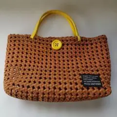 ハンドメイド かごバッグ 編み込み 夏 ハンドバッグ ブラウン×イエロー