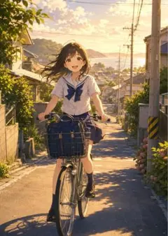 【イラスト】夕暮れの坂道と女子生徒 アートポスター