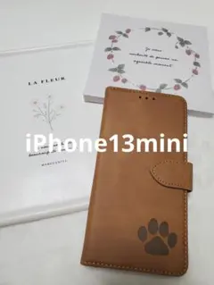 iPhone13mini 手帳型ケース　レザー　キャメル　肉球　犬　猫　足あと