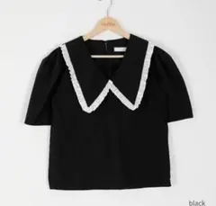♡ NUGU ビッグカラー フリルライン パフスリーブブラウス ブラック ♡のサムネイル