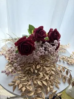 アートフラワーセット(バラ 金の葉 ピンクかすみ草)