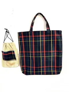 着物リメイク　エコバッグ　黒地に赤黄緑青の格子柄