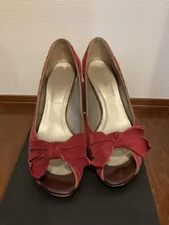 赤 スエード オープントゥ ハイヒール
