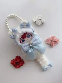 ぬい服 12cmサイズ ねこさんケープ(クリーム)水色リボン