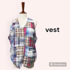 vintage ヴィンテージ ベスト チェック パッチワーク レトロ 海外古着のサムネイル