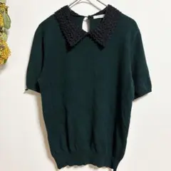 テチチ 襟レース ニット 半袖 ダークグリーン レディース きれいめ F