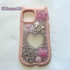 【iPhone15】デコケース 白×ピンク 量産 地雷 猫耳