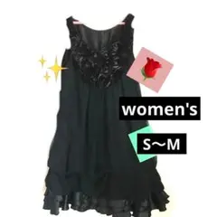 フォーマルワンピースドレスブラック黒フリルばらS〜M発表会チュニックコサージュ花のサムネイル