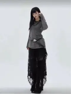 Y2K レース アシンメトリーヘム ブラック ロングスカート