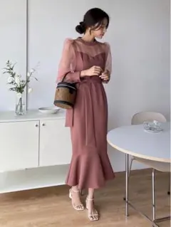 美品 DHOLIC シースルーロングワンピース　パフスリーブ マーメイド