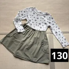 130cm 長袖紫色花柄ドッキングワンピース