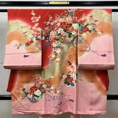 604axu18□七五三 3歳 お宮参り 女児 長襦袢付 金彩 花車□美品