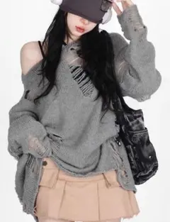 グレー ダメージ加工 オーバーサイズニットL、