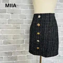 MIIAミーアツイード台形ミニスカートビジューボタン黒チェックC158