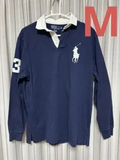 90s ラルフローレン 長袖　ラガーシャツ ビッグポニー　刺繍　ネイビー