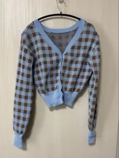 水色と茶色のチェック柄　ニットカーディガン L