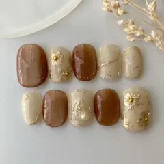 【オーダー】ネイルチップ　ブラウン　ニュアンスネイル　フラワー　マグネットネイル