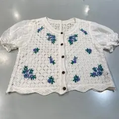 SpRAY クロシェ編みニット 半袖カーディガン　花柄刺繍