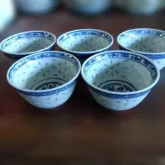 中国景徳鎮 ホタル蛍焼き 透かし 染付湯呑 コップ5客ほたる焼き本家本