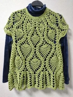 アップルグリーンコットン かぎ針編みパイナップル模様 ベスト 半袖