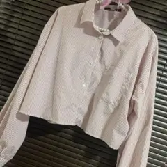 しまむら　ストライプ　ショート丈シャツ　ピンク