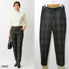 ギャバジン・ケーティー チェック柄 テーパードパンツ グリーン ストレッチ 美品